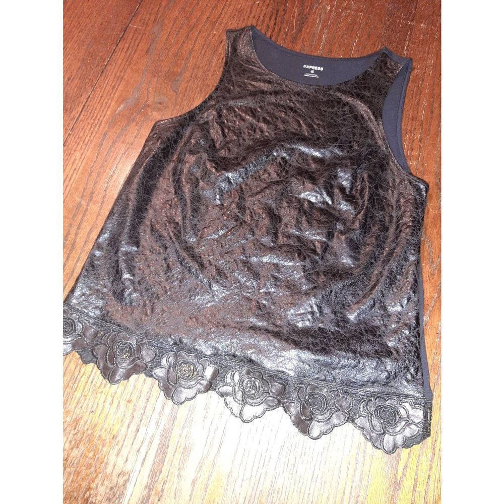 XS Express Black Faux Leather Front Tank Top with Floral Lace Trim